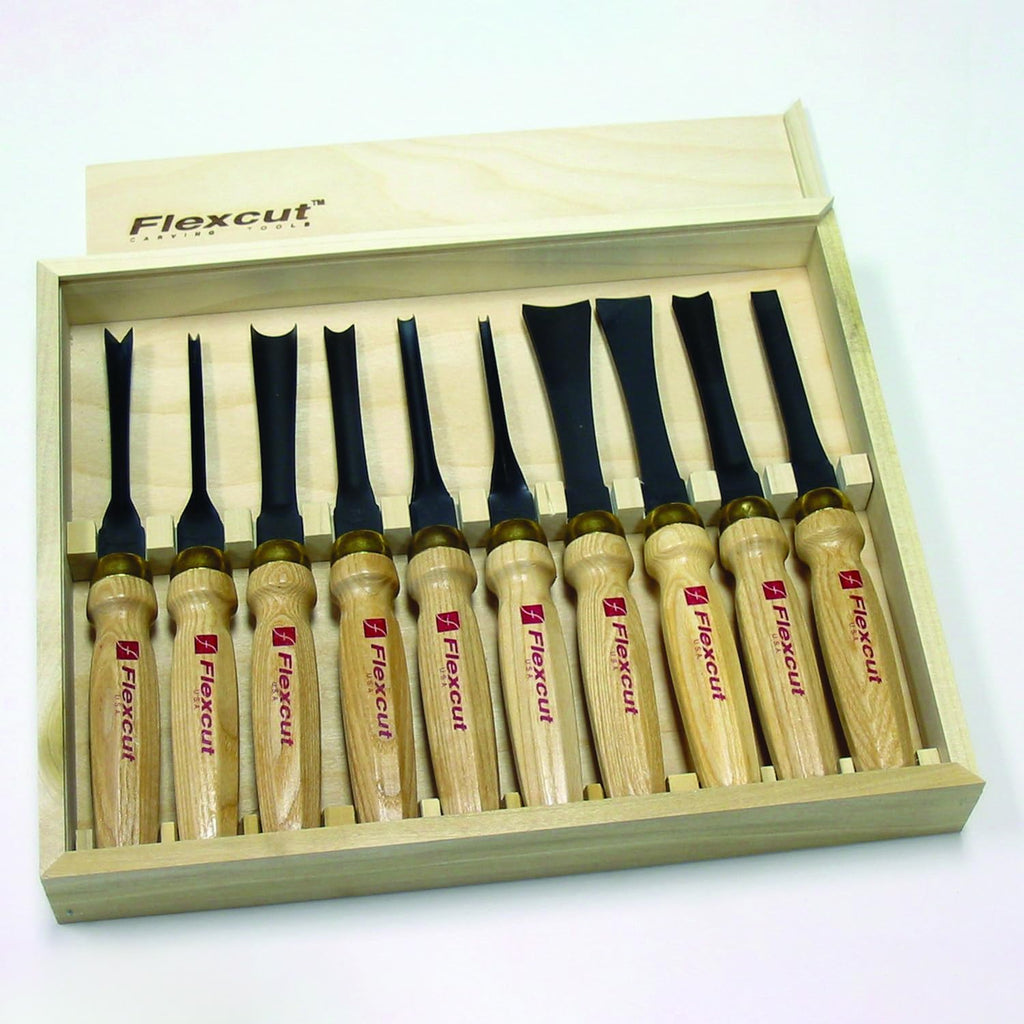 Flexcut Wood Carving Tools | Mallet Deluxe Set | 10-Piece Wood Carving Tools Set | 1095 High Carbon Steel Blades | Ash Hardwood Handles | MC100 | Made in the U.S.A.