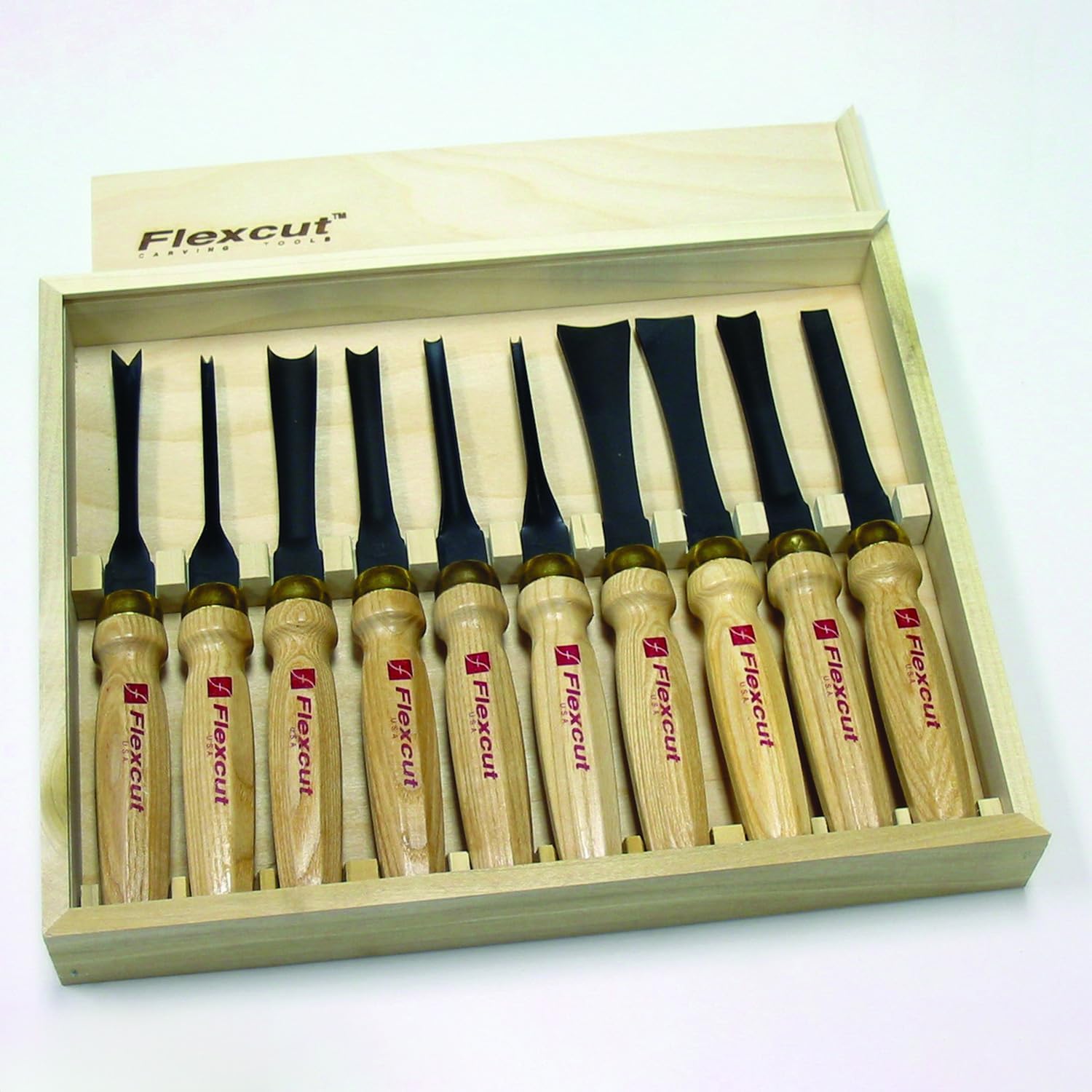 Flexcut Wood Carving Tools | Mallet Deluxe Set | 10-Piece Wood Carving Tools Set | 1095 High Carbon Steel Blades | Ash Hardwood Handles | MC100 | Made in the U.S.A.