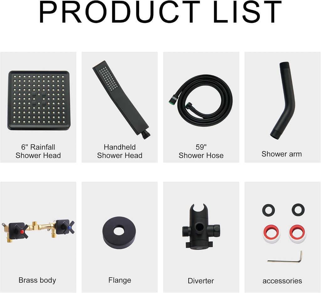 2 Handle Shower Faucet set, Matte Black Two Handle Shower Faucets Sets Complete 2 Knob Shower Faucet and Hand Shower