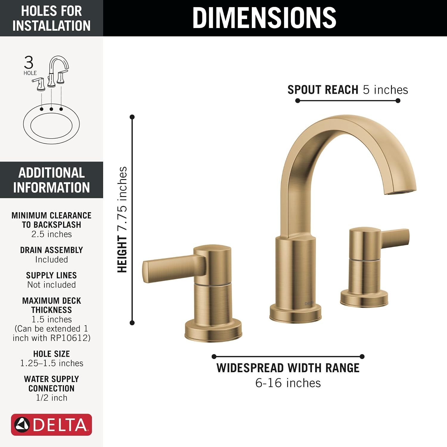 Delta Faucet Albion Widespread Bathroom Faucet 3-Hole, Gold Bathroom Sink Faucet, 2-Handle Bathroom Faucet, Bath Faucet, Metal Push-Pop Drain Assembly, 1.2 GPM Flow Rate, Champagne Bronze 35855LF-CZ