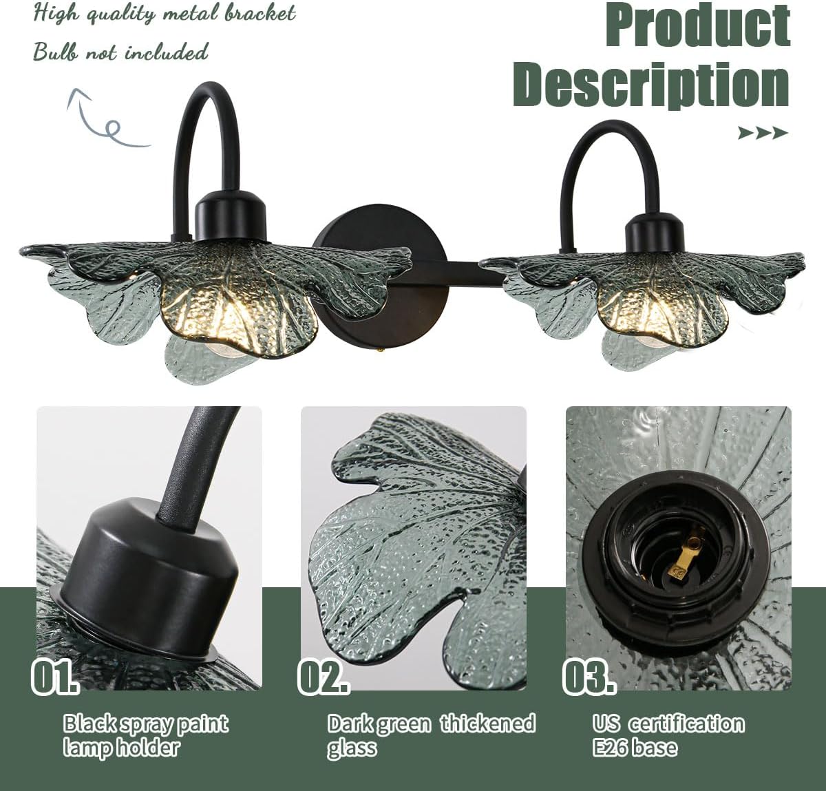 Black Wall Sconce 2 Light Bathroom Vanity Light Over Mirror, Modern Wall Light Fixture with Dark Glass Shade mid Century Wall Sconce Bedroom Wall sconces for Bedroom Hallway Living Room