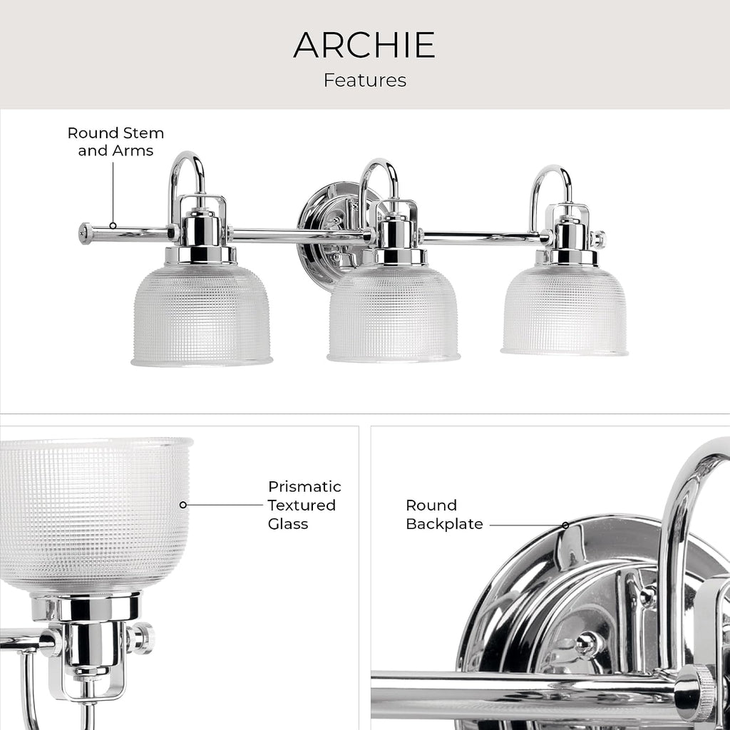 Progress Lighting Archie Collection 3-Light Clear Double Prismatic Glass Coastal Bath Vanity Light Polished Chrome