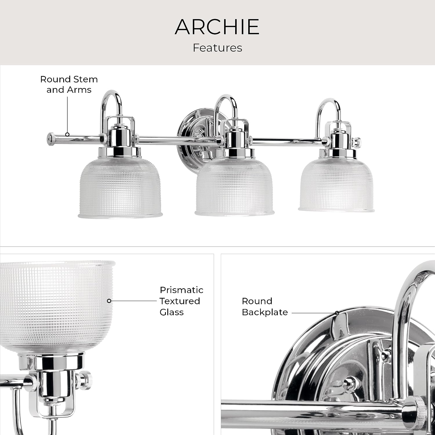 Progress Lighting Archie Collection 3-Light Clear Double Prismatic Glass Coastal Bath Vanity Light Polished Chrome