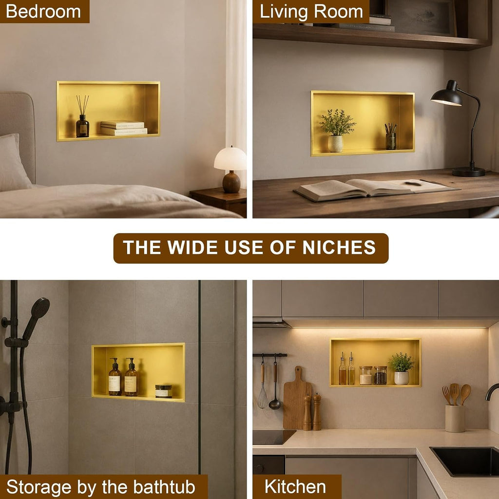 SaniteModar Shower Niche, Stainless Steel Shower Niche No Tile Needed, Recessed for Bathroom Storage (Brushed Gold, 16' x 28')