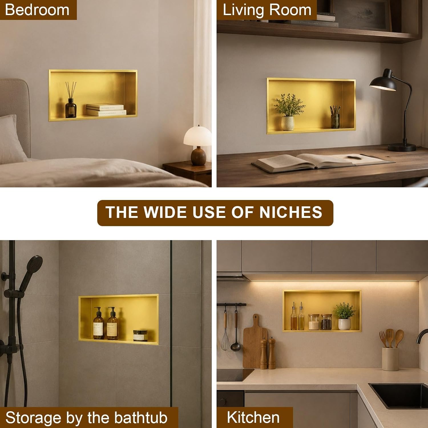 SaniteModar Shower Niche, Stainless Steel Shower Niche No Tile Needed, Recessed for Bathroom Storage (Brushed Gold, 16' x 28')