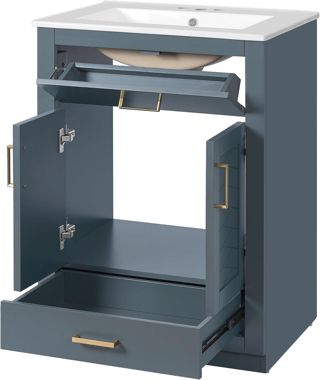 24 Inch Dark Blue Bathroom Vanity with Sink & Integrated Countertop,Freestanding Single Bathroom Vanity with Gold Handles,Tip-Out Tray & Bottom Drawer,Soft Closing Doors,Herringbone Front