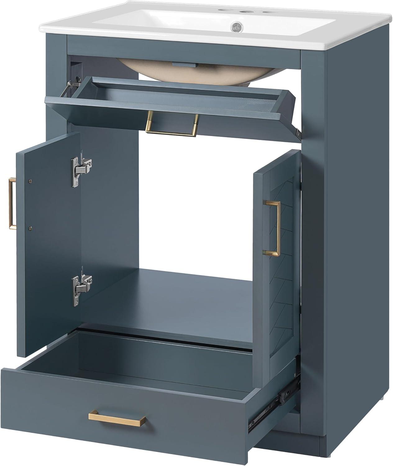 24 Inch Dark Blue Bathroom Vanity with Sink & Integrated Countertop,Freestanding Single Bathroom Vanity with Gold Handles,Tip-Out Tray & Bottom Drawer,Soft Closing Doors,Herringbone Front