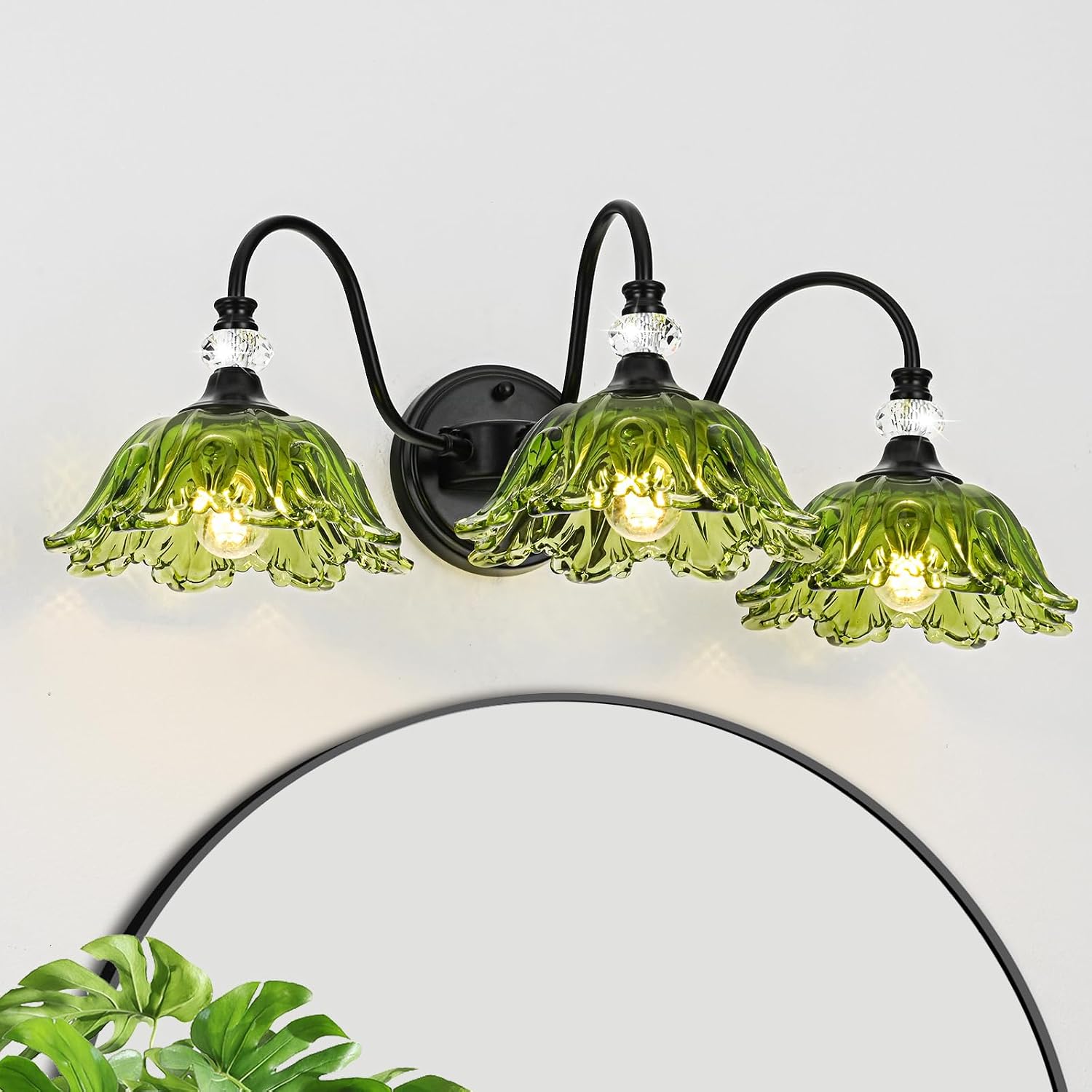 Black Bathroom Vanity Light,3-Light Vanity Light with Floral Green Glass Shades,Vintage Farmhouse Wall Mount Lighting for Bathroom, Dressing Table