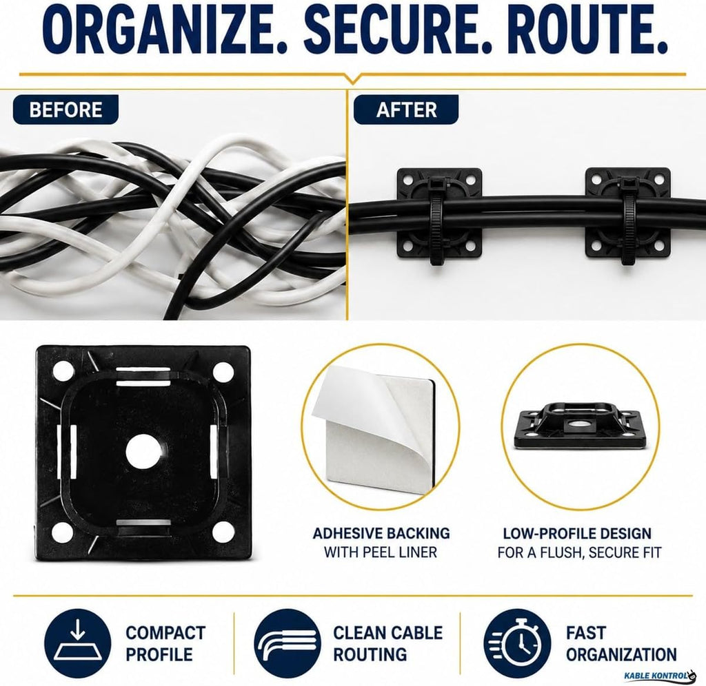 Kable Kontrol Zip Tie Mounts, 1-1/2' Sq, Black, 2500 Pcs Bulk Pack, Adhesive Backed Multi-Purpose UV-Resistant Mounting Squares Nylon Cable Tie Wrap Anchor Pads for Cable Management