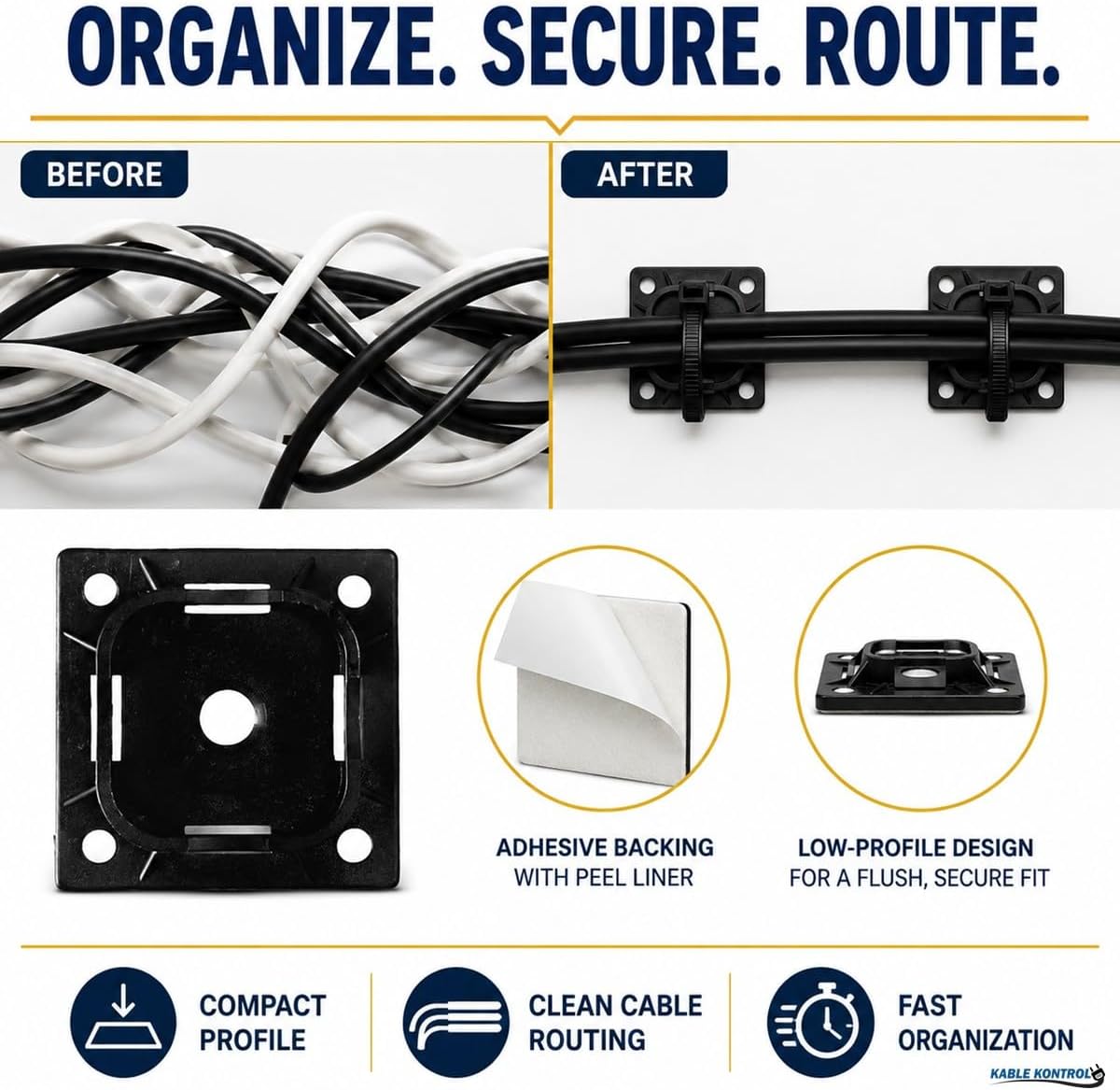 Kable Kontrol Zip Tie Mounts, 1-1/2' Sq, Black, 2500 Pcs Bulk Pack, Adhesive Backed Multi-Purpose UV-Resistant Mounting Squares Nylon Cable Tie Wrap Anchor Pads for Cable Management