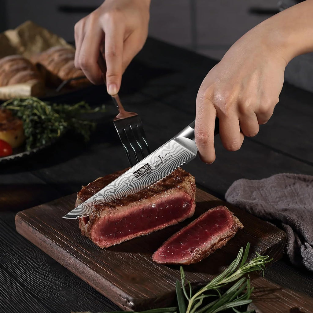HOSHANHO 7-Piece Serrated Steak Knife Set, 4.5 Inch Japanese High Carbon Steel Steak Knives Set with Block, Razor-Sharp Kitchen Dinner Knives with Ergonomic Pakkawood Handle
