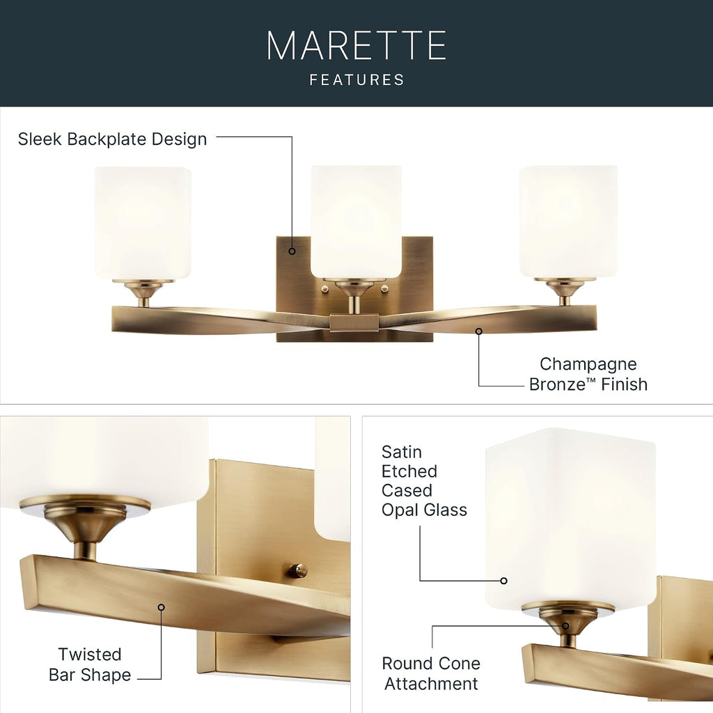 Kichler Marette 23' 3-Light Bathroom Vanity Light Fixture with Satin Etched Cased Opal Glass in Champagne Bronze for Bathroom and Powder Room (23' x 8.25' x 6'), 55002CPZ