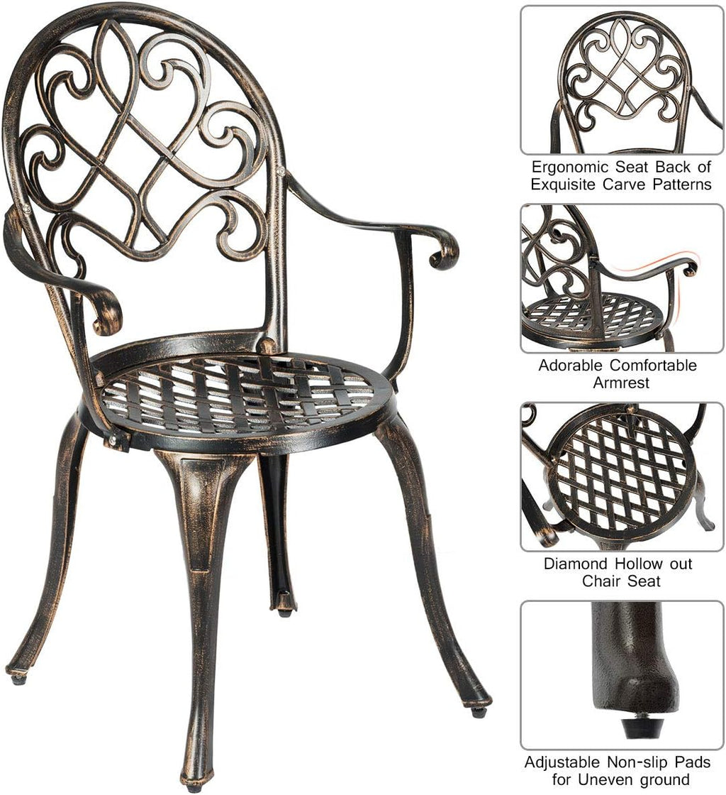 Giantex 3pcs Bistro Table Set Cast Aluminum Outdoor Patio Furniture Set Round Table W/Removable Ice Bucket, 2 Chairs Antique Garden Furniture Weather Resistant (Antique Bronze)