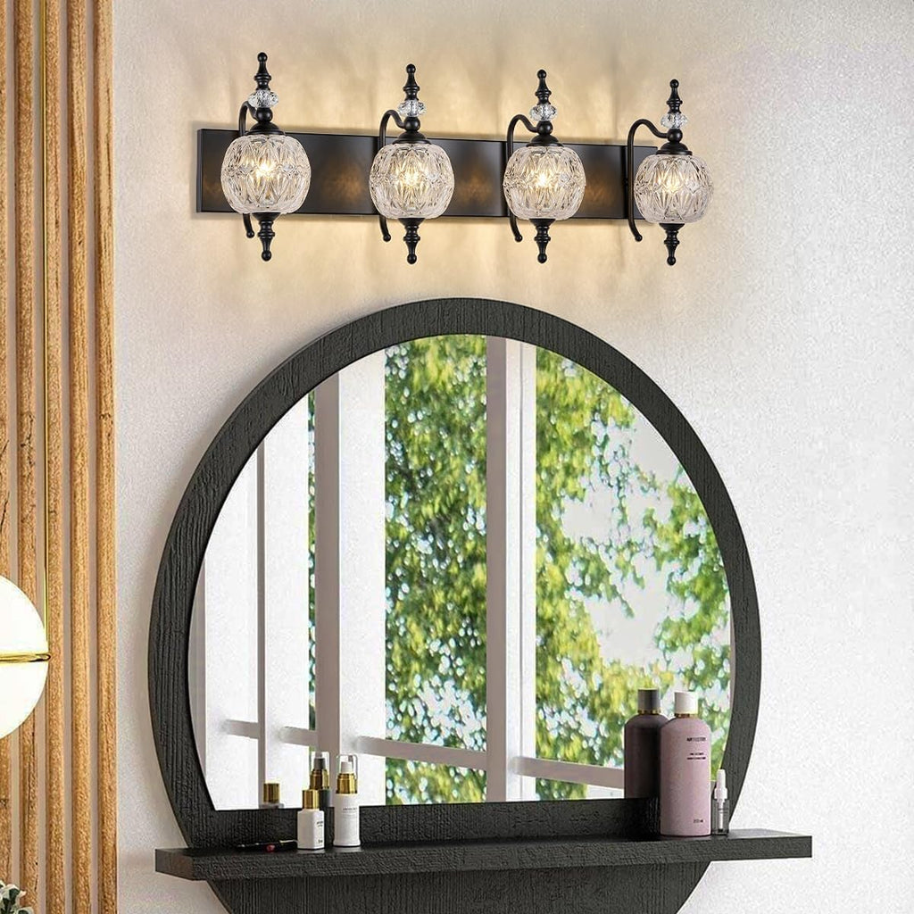 Black 4 Lights Bathroom Vanity Light Fixtures, Modern Bathroom Vanity Lights Painted Black Surface with Thick Crystal Glass Shade, Wall Sconces for Bathroom Bedroom