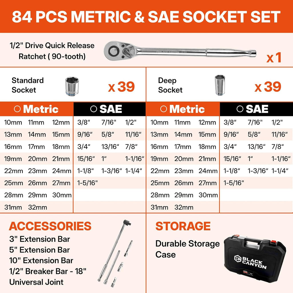 BLACK CANYON 84 Piece 1/2' Drive Impact Socket Set, Metric (3/8 to 1-5/16 inch) & Metric(10 to 32mm), Standard Deep Socket Set with 90 Tooth Ratchet, Extension Breaker Bar, Heavy-Duty Case