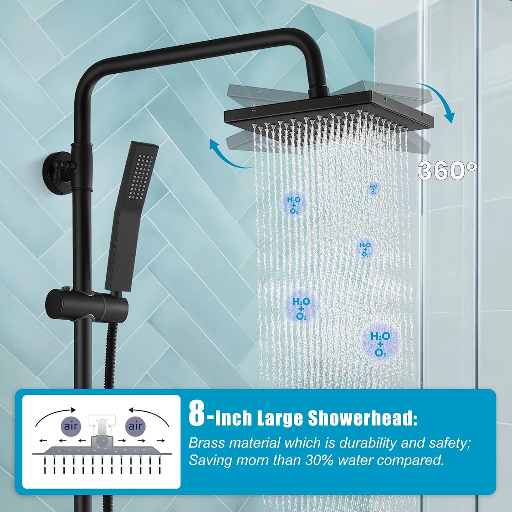 gotonovo Matte Black Exposed Shower Fixture Faucet Set Triple Function 8 Inch Rainfall Showerhead and Tub Spout Shower System Combo Unit, Small Curved Metal Handheld