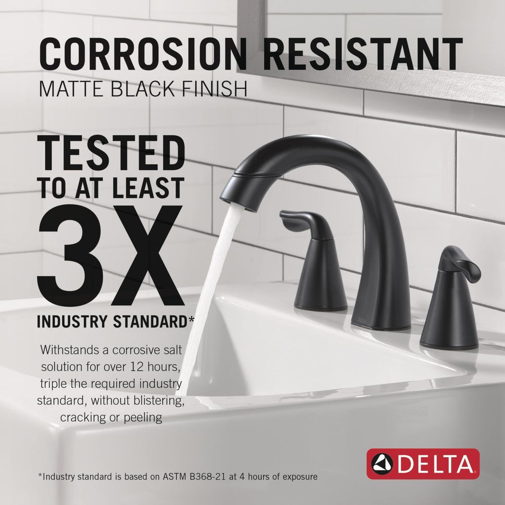 Delta Arvo Matte Black Bathroom Faucet with Sprayer, 8 Inch 3 Hole Widespread Bathroom Sink Faucet with Pull Out Sprayer, Push-Pop Drain, Matte Black 35840LF-BLPD