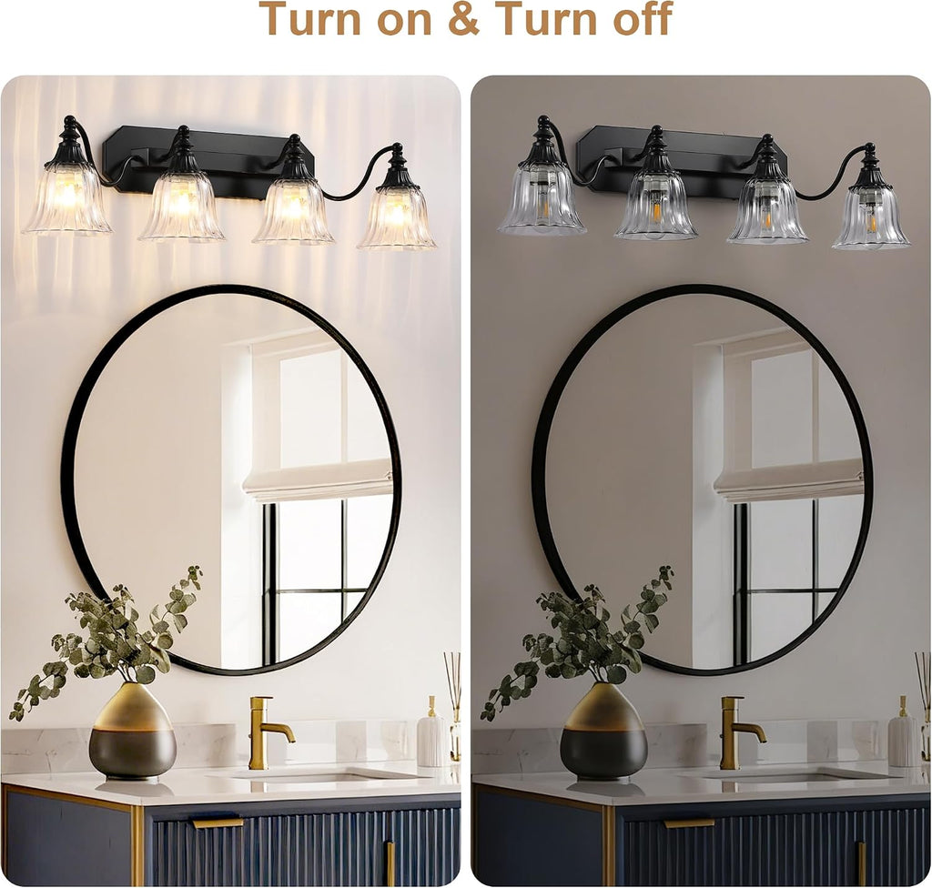 Black Vintage Bathroom Vanity Light Fixture, 4-Light Vanity Light for Bathroom, Antique Matte Black Finish with Crystal Glass Shade, Lighting Fixtures Over Mirror for Bedroom Living Room