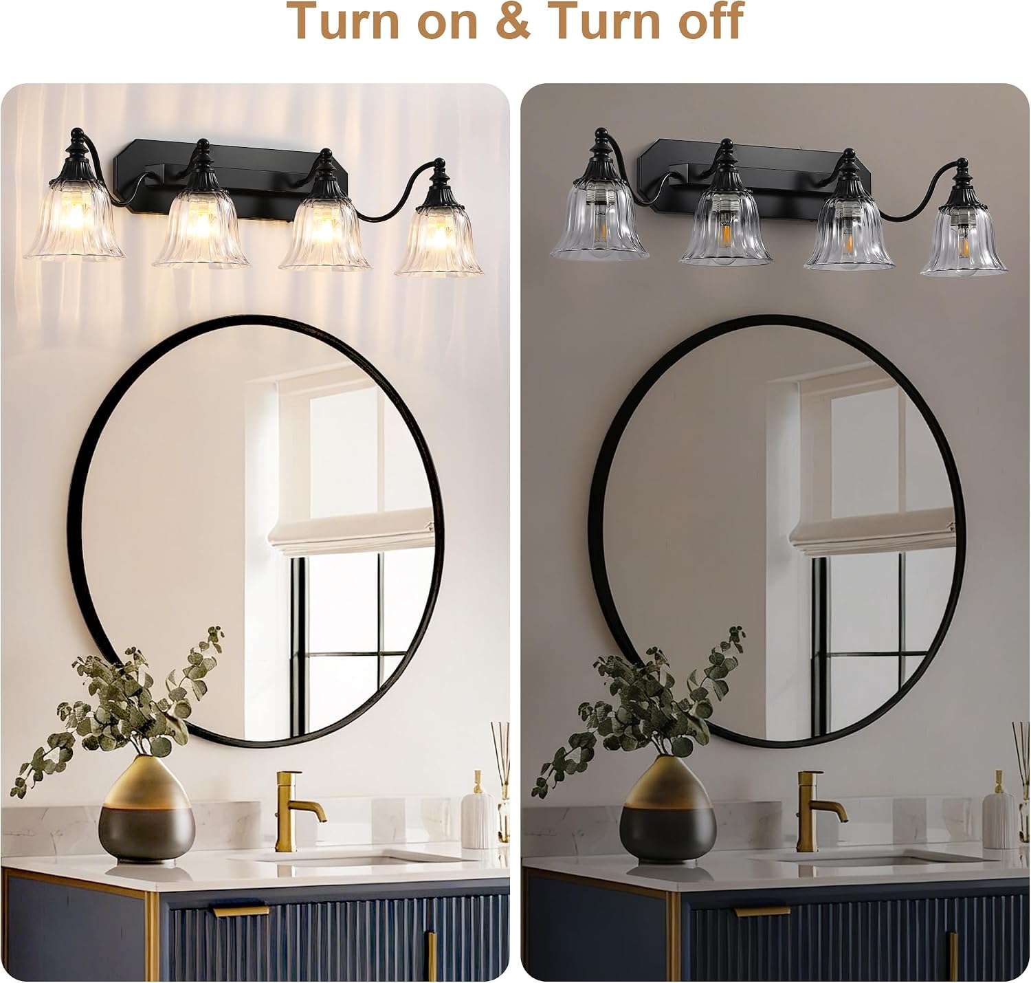 Black Vintage Bathroom Vanity Light Fixture, 4-Light Vanity Light for Bathroom, Antique Matte Black Finish with Crystal Glass Shade, Lighting Fixtures Over Mirror for Bedroom Living Room