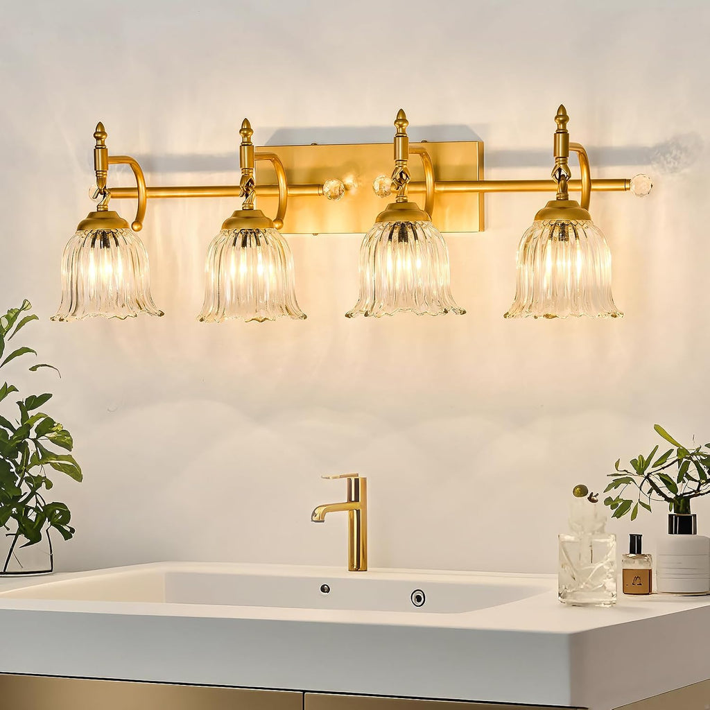 CVKASH 4-Light Bathroom Vanity Light Fixtures Over Mirror,Brushed Gold Modern Vanity Lights with Glass Shade Vintage Wall Sconce for Bedroom Dressing Room Living Room Hallway Cabinet