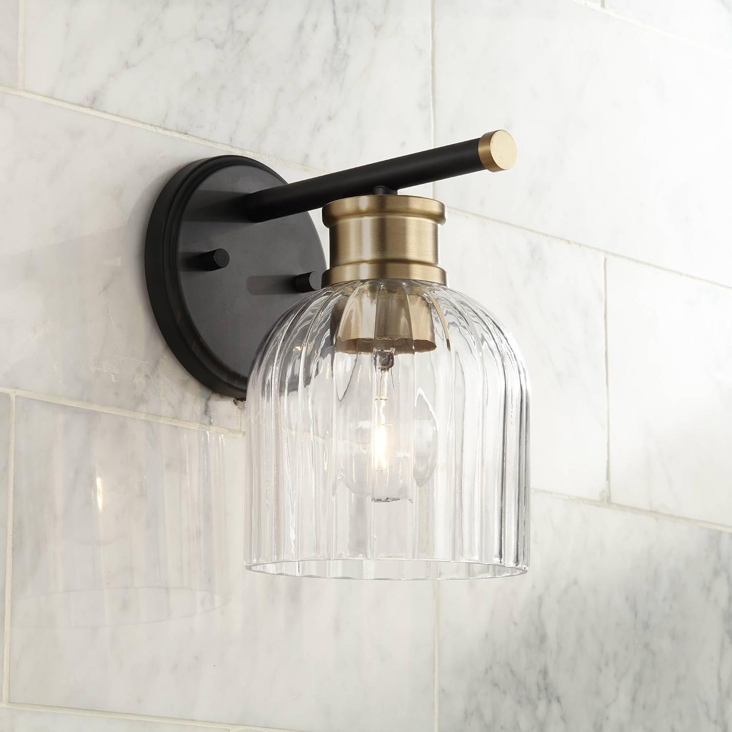 Stiffel Lana 9' High Modern Industrial Wall Sconce Light Lamp Fixture Mount Set of 2 Bathroom Bedroom Bedside Living Room Hardwired Cordless Black Gold Warm Brass Glass Shade Indoor Kitchen Hallway
