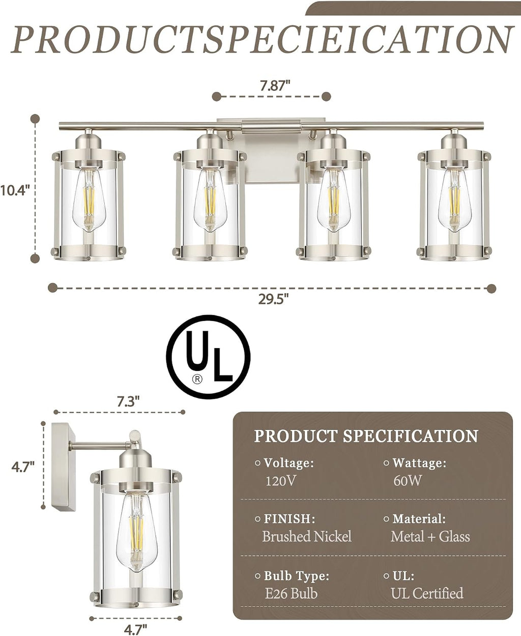 4-Light Brushed Nickel Bathroom Light Fixtures, 29 Inch Modern Bathroom Vanity Lighting Fixtures Over Mirror with Clear Glass and Metal Cage Wall Sconce Lights for Bath, E26, OS-3014BN-4W