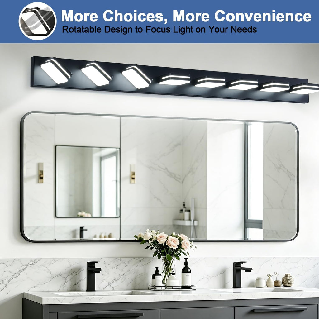 Torondo 360° Rotate LED Bathroom Vanity Light Fixtures, Acrylic Vanity Lights for Bathroom, Modern Wall Lighting Fixtures Over Mirror Living, Matte Black, Natural White, 8-Light, 53-Inch