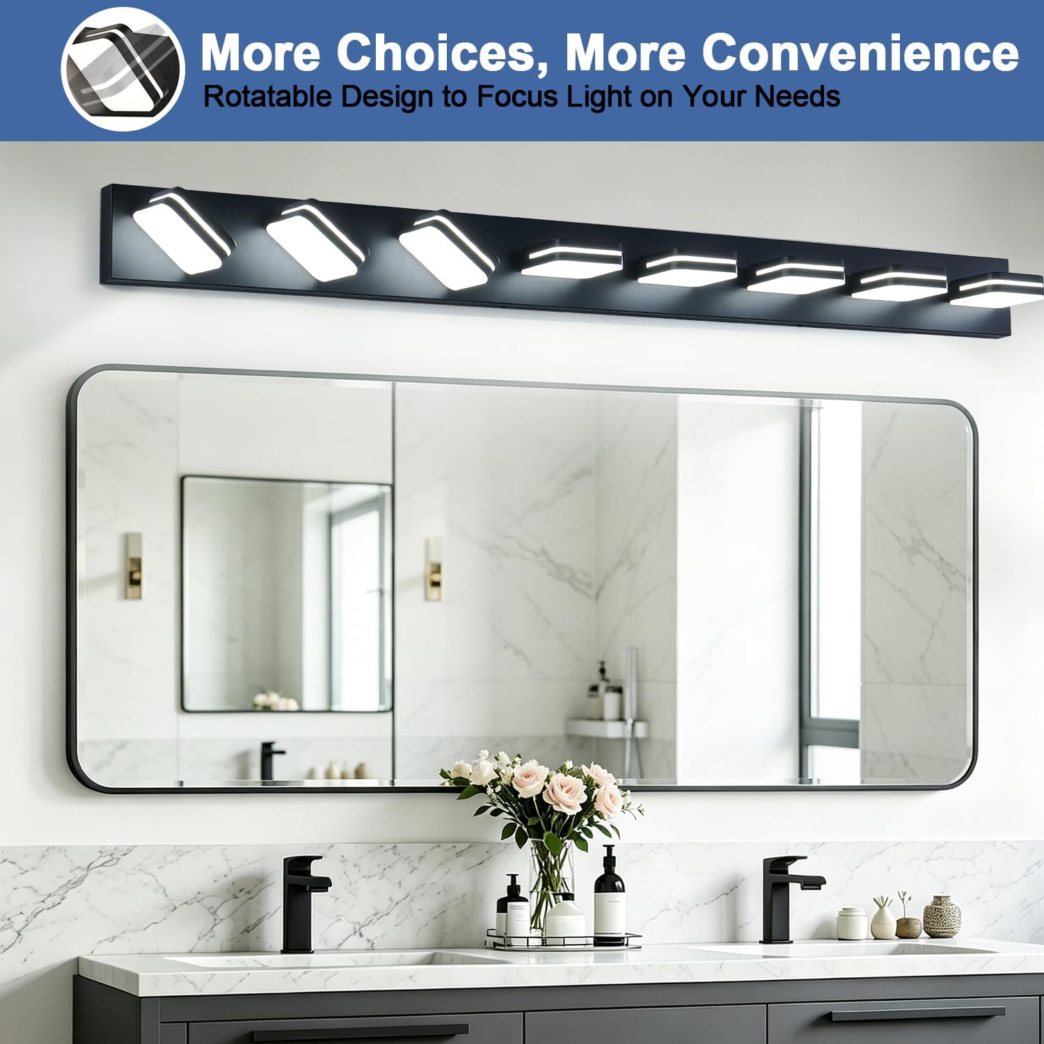 Torondo 360° Rotate LED Bathroom Vanity Light Fixtures, Acrylic Vanity Lights for Bathroom, Modern Wall Lighting Fixtures Over Mirror Living, Matte Black, Natural White, 8-Light, 53-Inch