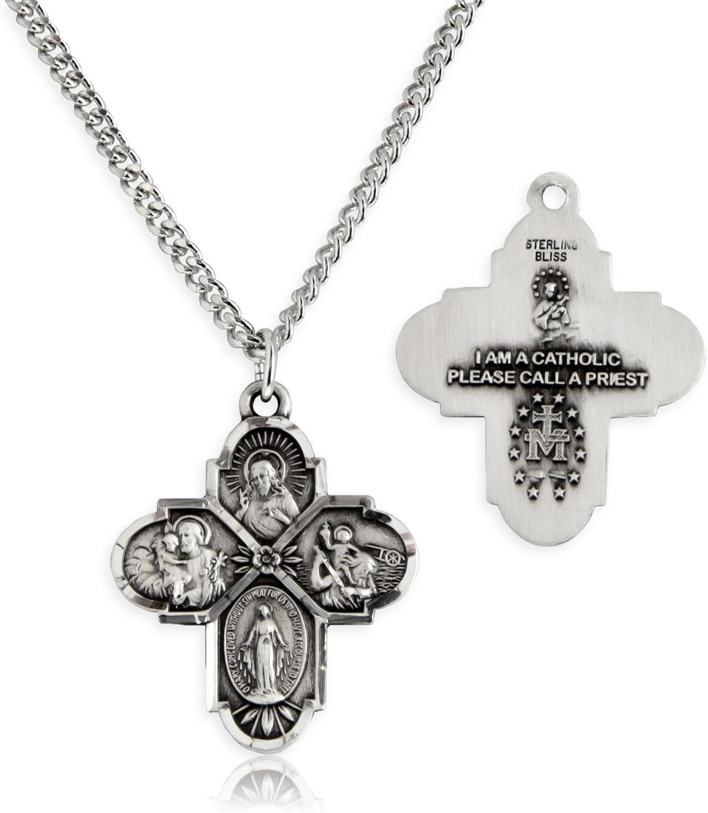 Heartland Sterling Silver 4 Way Cross Pendant for Men- Handcrafted in USA, Tarnish Resistant, Meaningful Catholic Necklace with Sacred Heart, St. Christopher, St. Joseph & Miraculous Medal– 24-Inch
