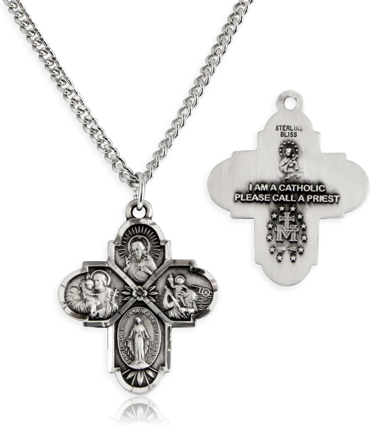 Heartland Sterling Silver 4 Way Cross Pendant for Men- Handcrafted in USA, Tarnish Resistant, Meaningful Catholic Necklace with Sacred Heart, St. Christopher, St. Joseph & Miraculous Medal– 24-Inch