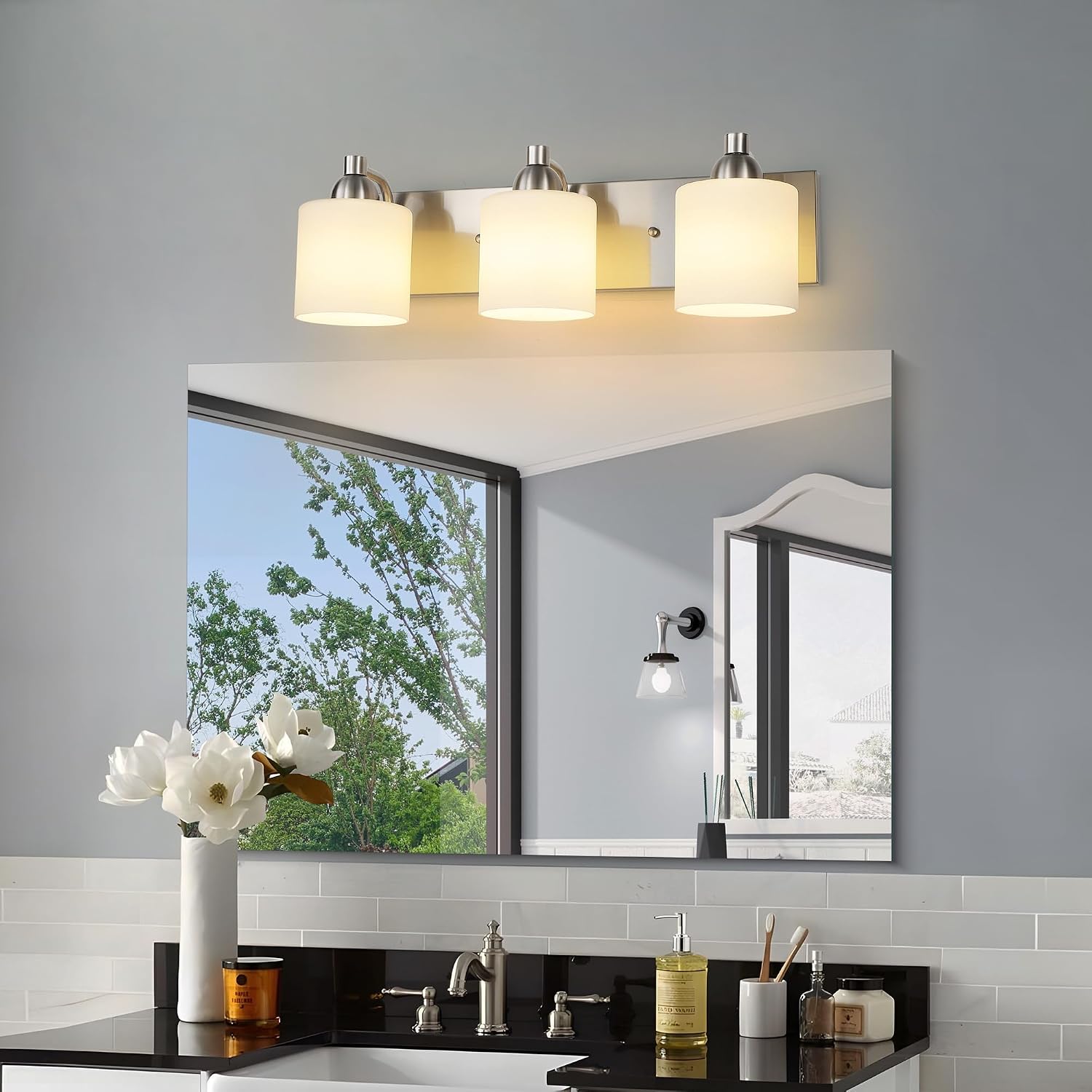Mecgirn Stainless Steel Milk Glass Bathroom Vanity Light Over Mirror, 3 Light Brushed Nickel Bathroom Light Fixtures with Frosted Glass, Modern Vanity Lighting Wall Mount