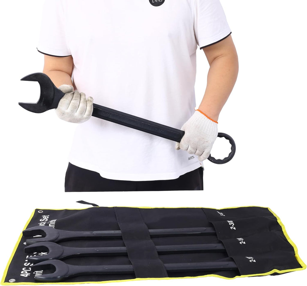SAE Jumbo Combination Wrench Set, Extra Large 4-Piece, 2-1/8' to 2-1/2' Sizes, Black Oxide Finish, Carbon Steel, Includes Storage Bag