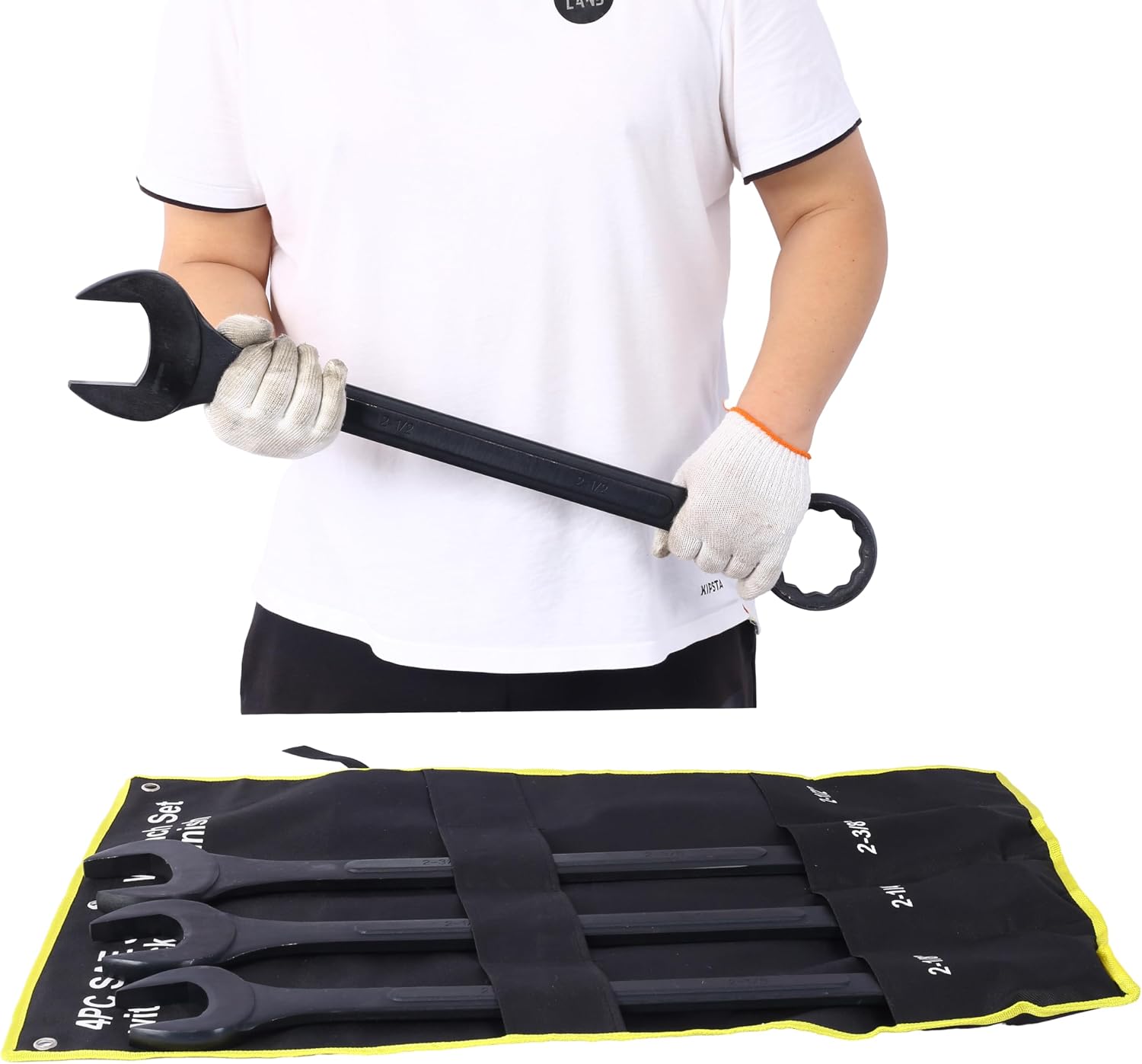 SAE Jumbo Combination Wrench Set, Extra Large 4-Piece, 2-1/8' to 2-1/2' Sizes, Black Oxide Finish, Carbon Steel, Includes Storage Bag