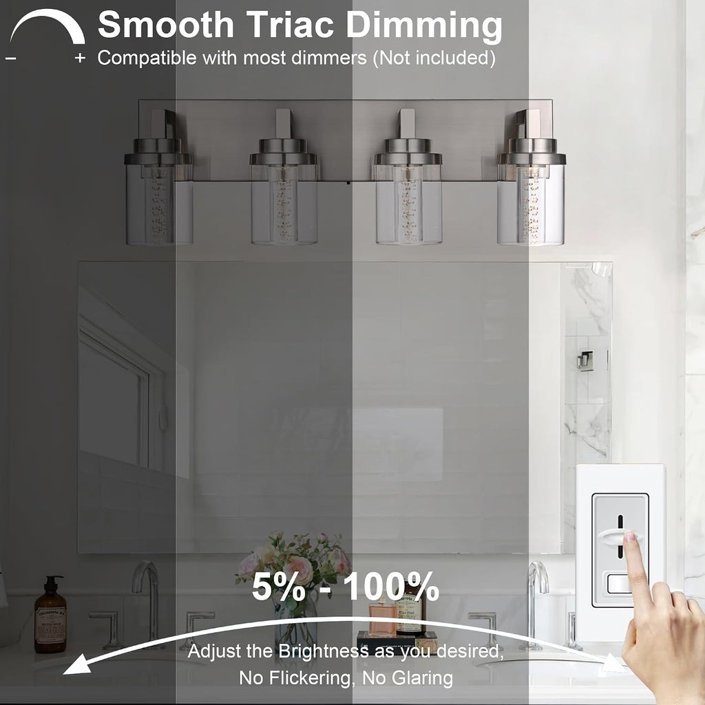 MELUCEE 4-Light Bathroom Lighting Fixtures Brushed Nickel, Dimmable LED Vanity Light for Bathroom 5CCT Bubble Crystal Bath Wall Lights with Clear Glass Shade, Built-in Led Chips