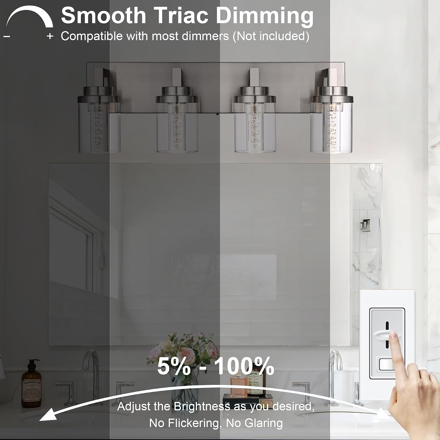 MELUCEE 4-Light Bathroom Lighting Fixtures Brushed Nickel, Dimmable LED Vanity Light for Bathroom 5CCT Bubble Crystal Bath Wall Lights with Clear Glass Shade, Built-in Led Chips