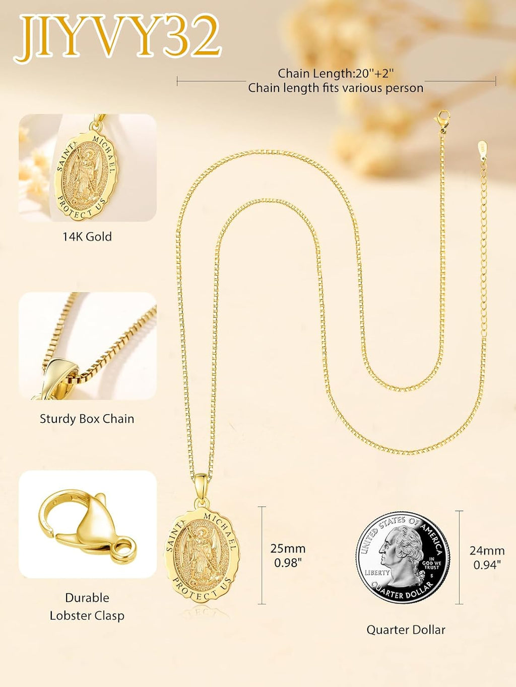 14K Gold Saint Medal Necklace for Women, Catholic Patron Saint Pendant Necklace, Christian Religious Jewelry Gift for Confirmation Baptism Communion Christmas Birthday