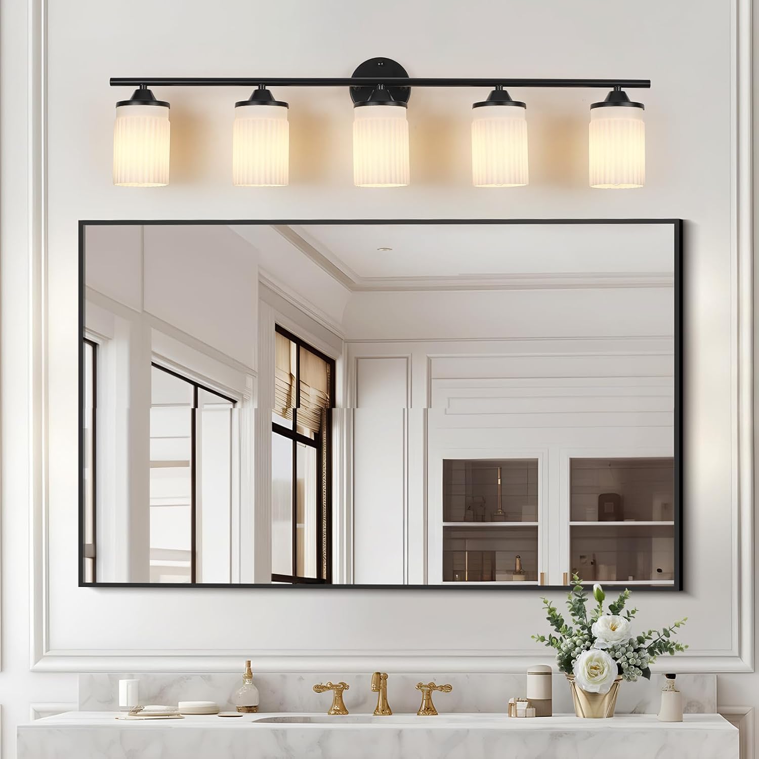 Jonsi Black Bathroom Light Fixtures 5-Light Vanity Lights Modern Wall Sconce with Milk White Shade Brushed Brass Bathroom Light Fixture Over Mirror for Bedroom Hallway Kitchen