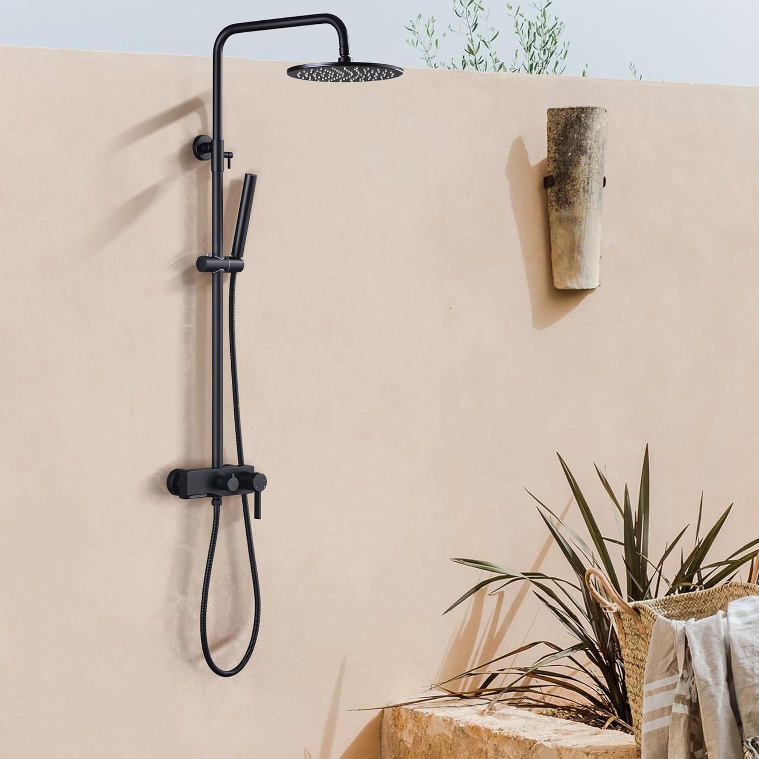 Matte Black Exposed Shower System with 2 Modes HandHeld,3 Functions Tub Shower Faucet Sets with Brass Valve, Shower Fixture with 10 Inches Rainfull Shower Head,Shower Height Adjustable