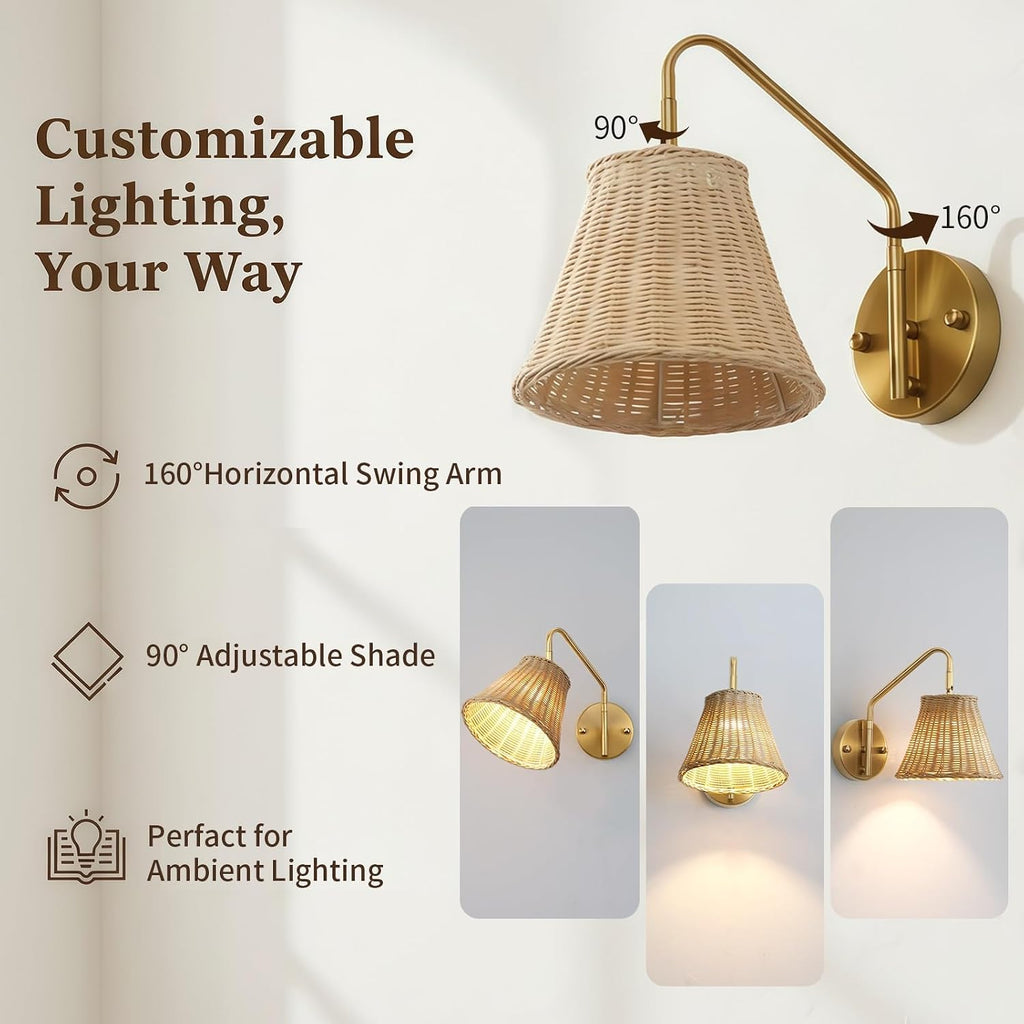 Boho Rattan Rechargeable Wall Sconce,Gold Swing Arm Wall Sconces Set of 2 Battery Operated,4200mAh Battery Operated Wall Sconce,Dimmable Remote Rechargeable Wall Lights for Bedroom,Living Room