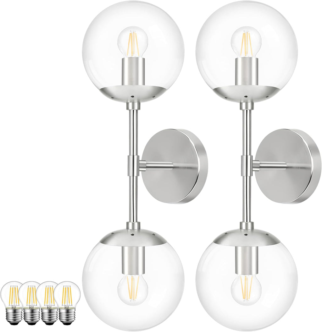 KoKo&Yukina Nickel 2 Pack Vanity Light Fixtures Mid Century Modern Bathroom Vanity Light Globe Sconce with Clear Glass for Bathroom Bedroom