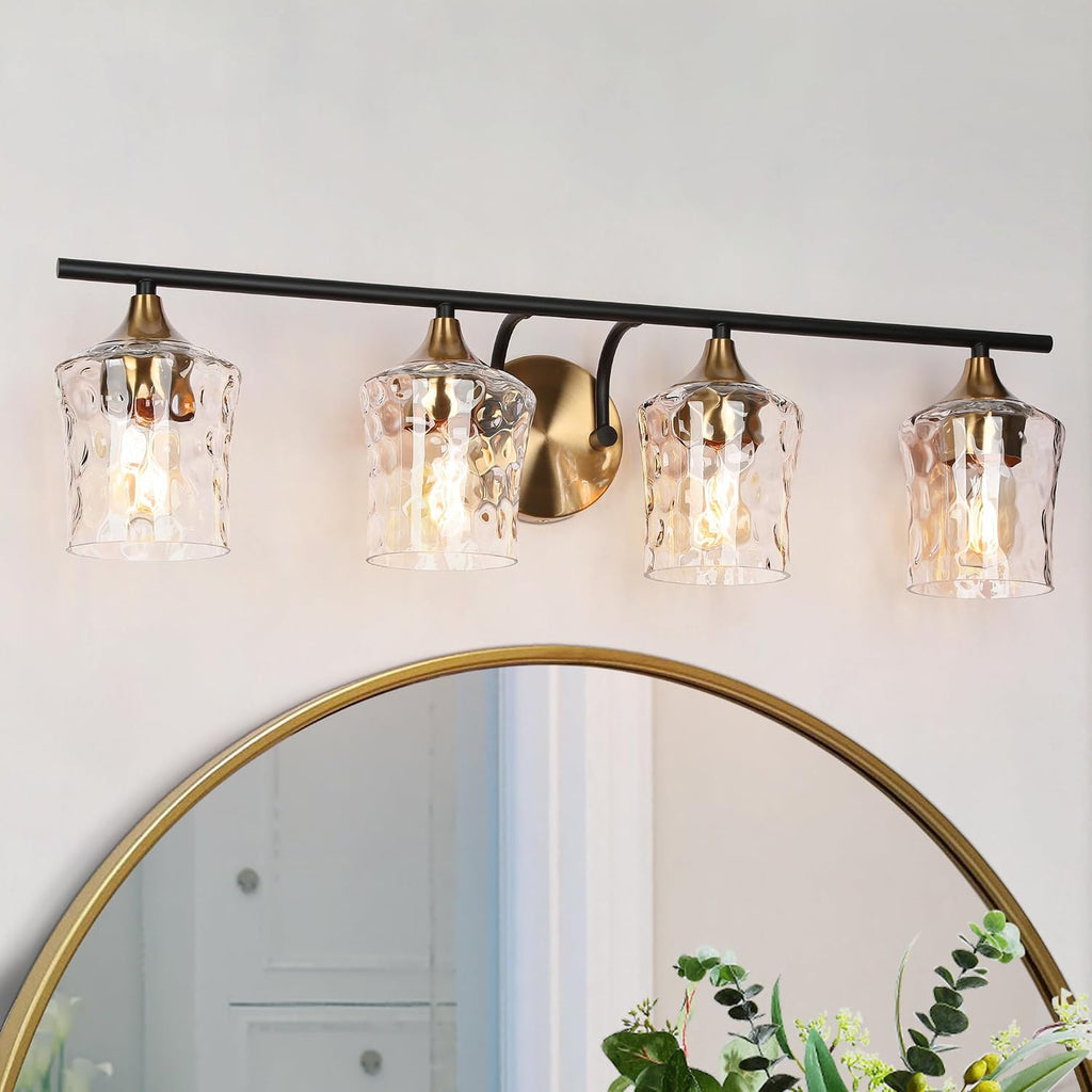 KSANA 28' Large Bathroom Vanity Lights, 4 Light Mid-Century Modern Vanity Light with Textured Glass Shade Black and Electroplated Brass Bathroom Light Fixtures for Hallway, Entryway