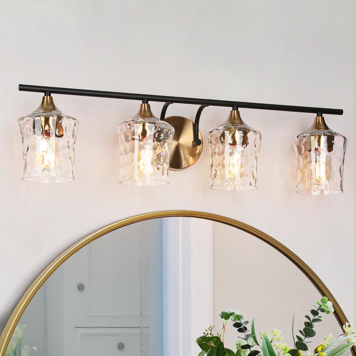KSANA 28' Large Bathroom Vanity Lights, 4 Light Mid-Century Modern Vanity Light with Textured Glass Shade Black and Electroplated Brass Bathroom Light Fixtures for Hallway, Entryway