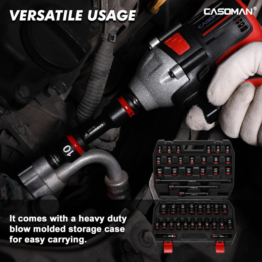 CASOMAN 43-Piece 1/2' Drive Master Impact Socket Set, Deep and Standard, 6-Point, Metric, 9mm - 30mm, CR-MO Steel, Impact Universal Joint & Extension Bars, with Storage Case