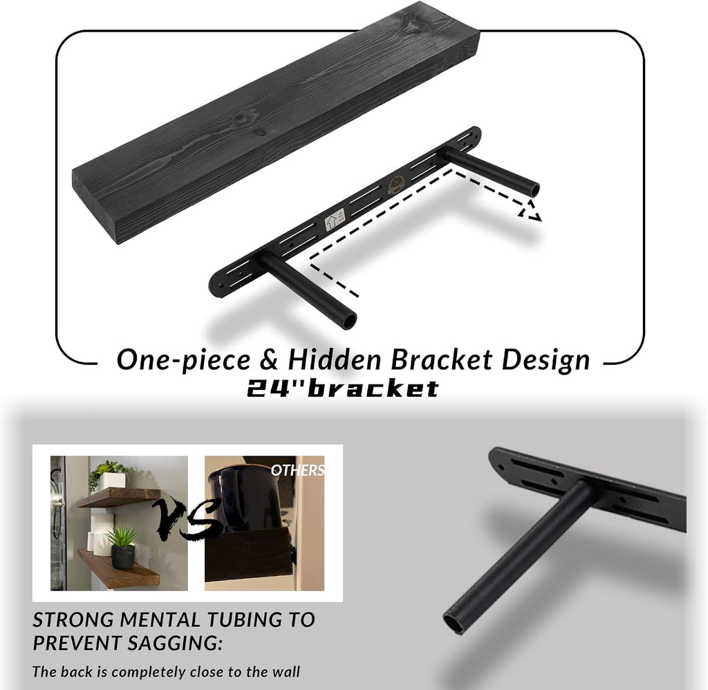 Floating Shelves 2 inch Thick for Wall Set of 2,24 inch High-End Solid Wood Floating Shelves for Wall,Black Floating Shelves for Bathroom Bedroom Kitchen, with Sturdy Hidden Bracket, Black
