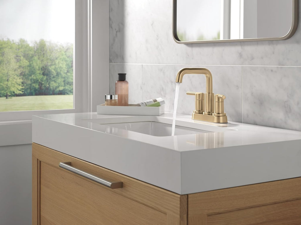 Delta Nicoli Centerset Brushed Gold Bathroom Faucet with Sprayer, 4 Inch 3 Hole Bathroom Sink Faucet with Pull Out Sprayer, Push-Pop Drain, Champagne Bronze 25849LF-CZ