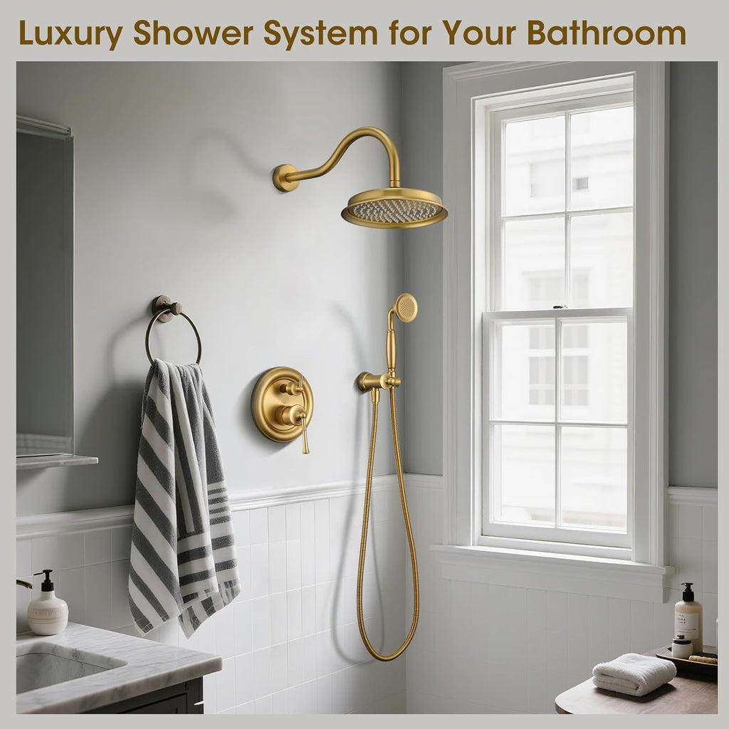 Rain Shower Head with Handheld Spray, Rainfall Shower System with Rough-in Valve, Luxury Shower Trim Kit Wall Mount, Brushed Gold