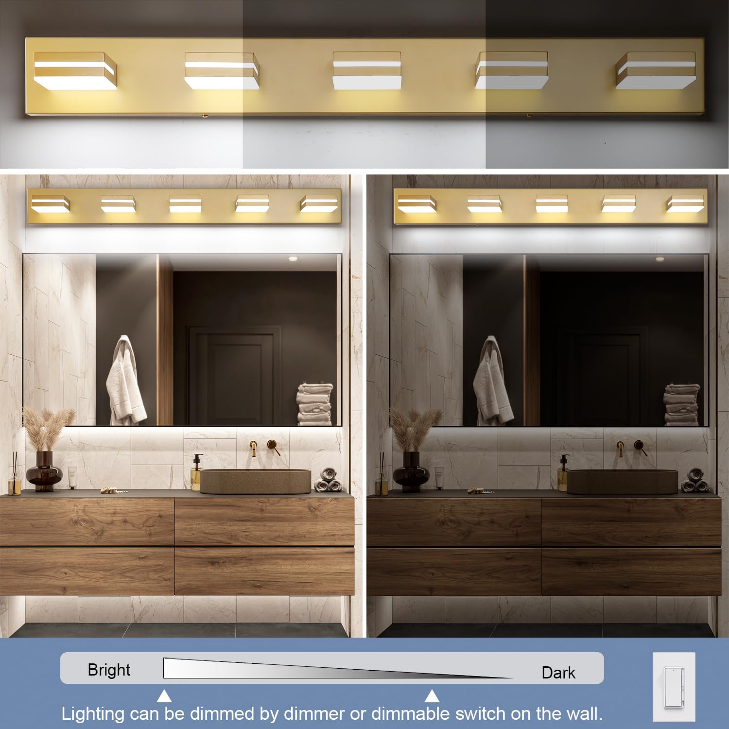 SineRise LED Modern Bathroom Vanity Light Fixtures (5-Light, 40-Inch, Dimmable), Matte Gold Modern Acrylic Bathroom Wall Lighting Fixtures Over Mirror (Cool White 6000K)