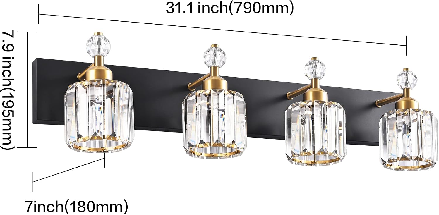 PRESDE 4-Light Crystal Bathroom Vanity Light, Modern Black and Gold Bathroom Lights Fixtures Over Mirror Modern Bath Wall Sconce