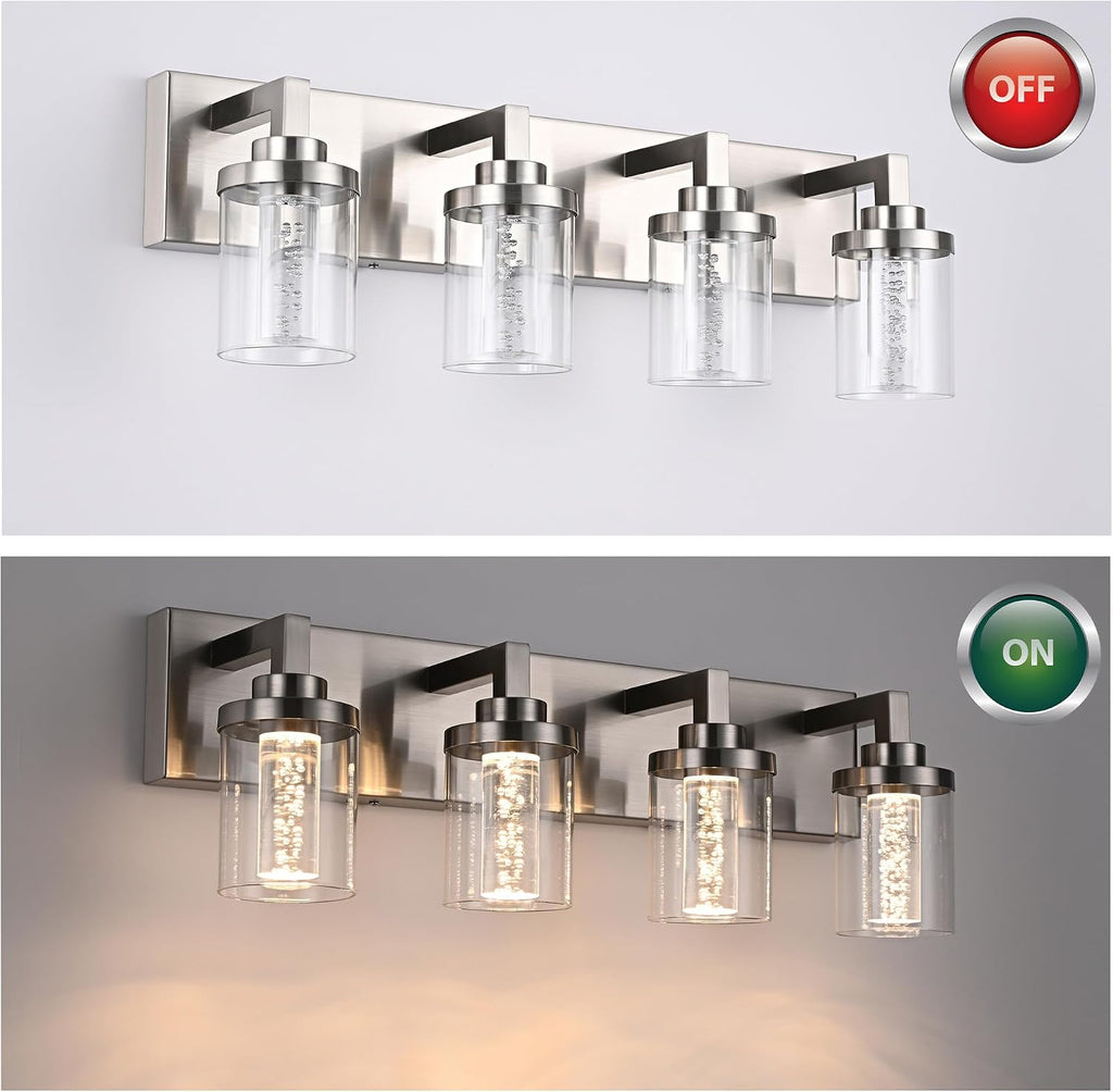 MELUCEE 4-Light Bathroom Lighting Fixtures Brushed Nickel, Dimmable LED Vanity Light for Bathroom 5CCT Bubble Crystal Bath Wall Lights with Clear Glass Shade, Built-in Led Chips