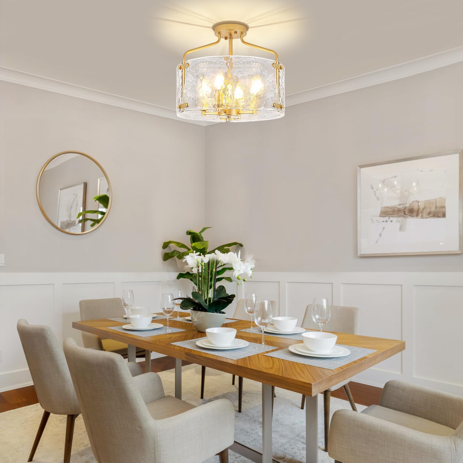 4-Light Gold Semi Flush Mount Ceiling Light, Modern Hammered Glass Drum Chandelier Entryway Light Fixtures Kitchen Close to Ceiling Lights for Bathroom Hallway Dining Room Foyer Lighting
